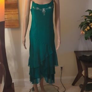 Robbie Bee Teal Strapless Tiered Chiffon Dress with Beaded Accent